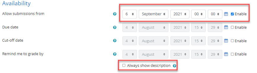 If you leave the "always show description" box checked students will have access to the file when they click the assignment to open it. If you uncheck the box they will not.