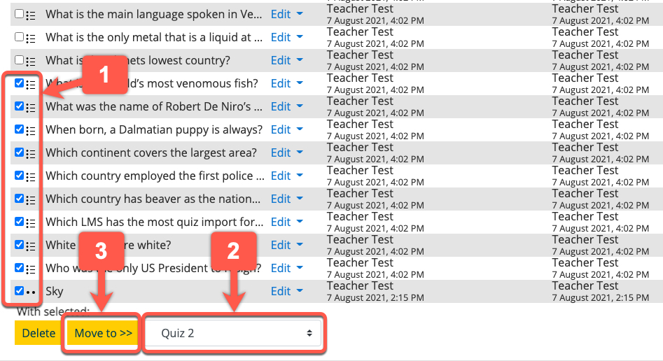 Moving questions from one category to another category